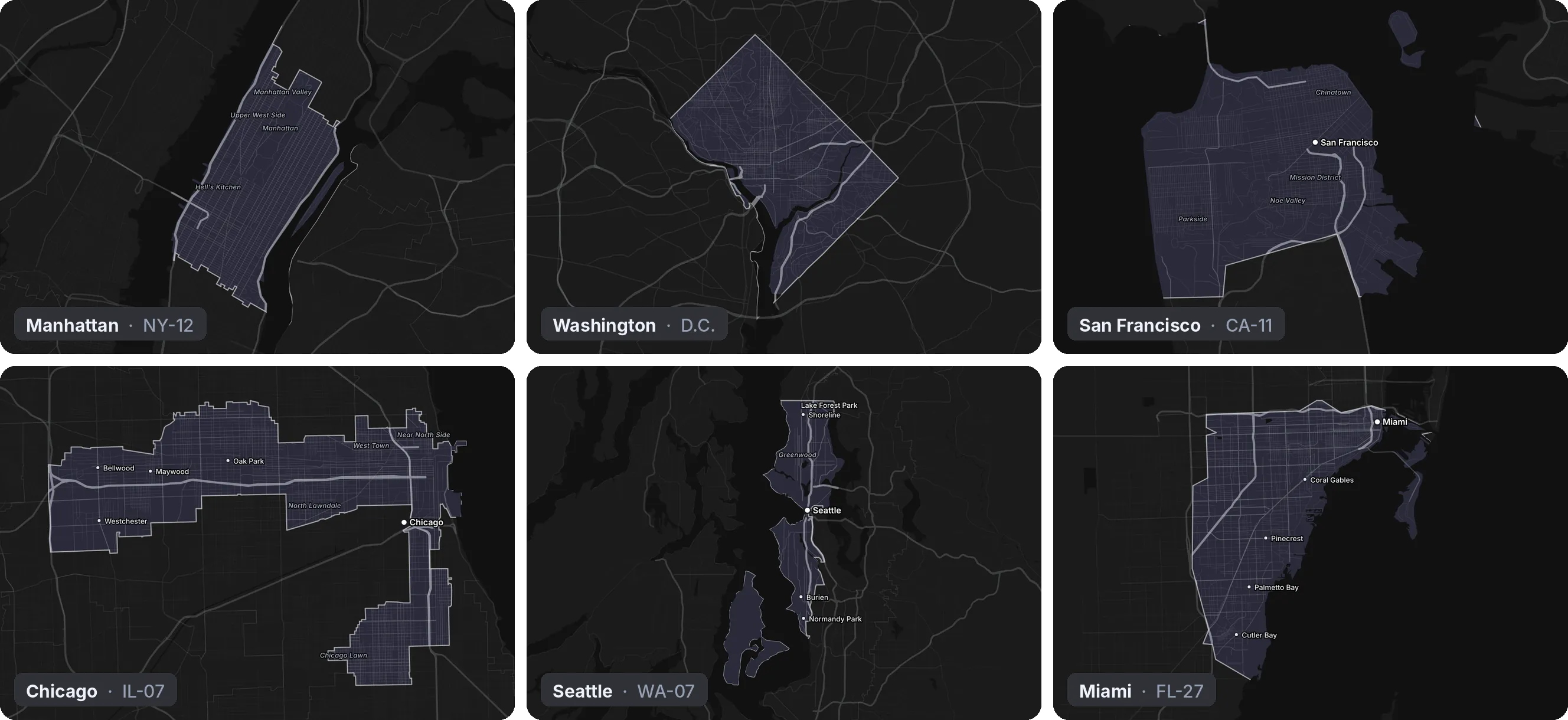 Six district maps from the game: Manhattan's NY-12 with its street grid between the Hudson and East Rivers; Washington, D.C. with its diagonal avenues and the Potomac; San Francisco's CA-11 on the bay; Chicago's IL-07 along the lake; Seattle's WA-07 between Puget Sound and Lake Washington; and Miami's FL-27 on Biscayne Bay